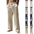thumbnail image 1 of WIZUTIZ Mens Straight Leg Linen Pants, Striped Loose Elastic Drawstring Waist Summer Lightweight Lounge Beach Trousers, 1 of 5