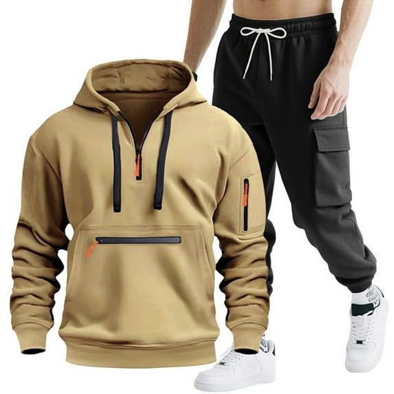 WIZUTIZ Mens Sweatsuits 2 Piece Set Cotton Tracksuit Hoodies and Sweapants Set with Pockets Winter Fleece Jogging Plus Size Suits