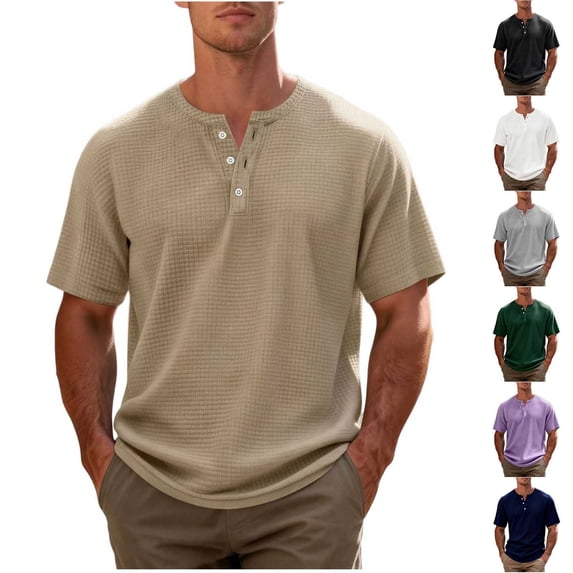 WIZUTIZ Mens Waffle Henley Shirts 3 Button Solid Short Sleeve Collarless Shirts Basic T-Shirts for Summer