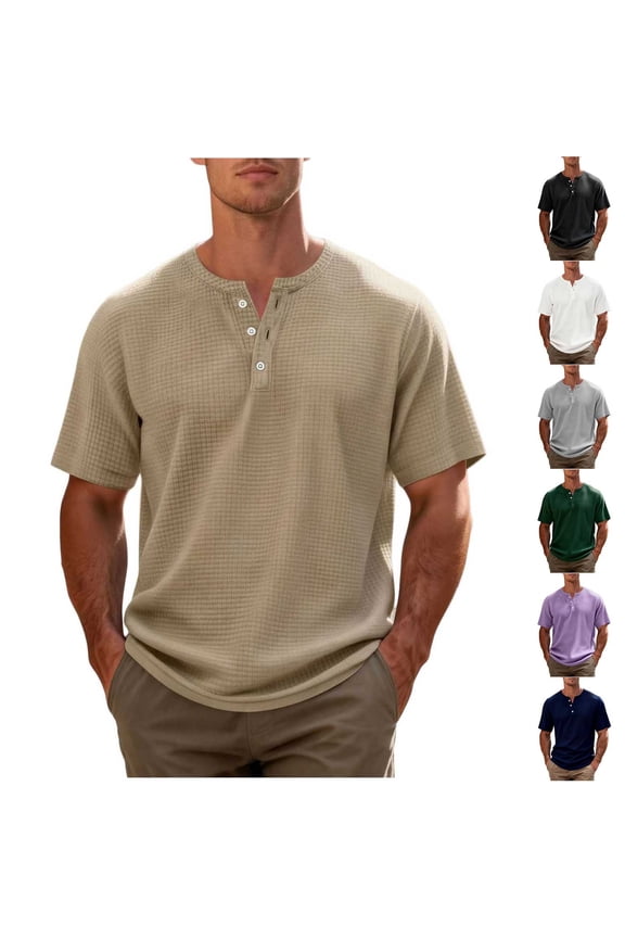 Mens Waffle Henley Shirts 3 Button Solid Short Sleeve Collarless Shirts Basic T-Shirts for Summer