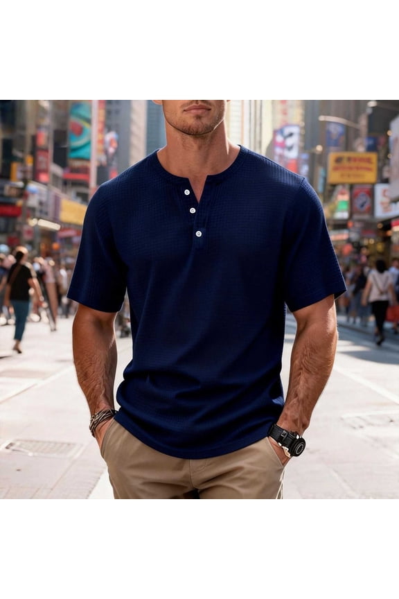 Mens Waffle Henley Shirts 3 Button Solid Short Sleeve Collarless Shirts Basic T-Shirts for Summer