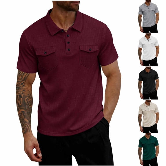 WIZUTIZ Mens Work Henley Shirts 2026 Short Sleeve Casual Slim Fit Button Up Waffle Golf Shirts with Pockets Tennis T Shirts
