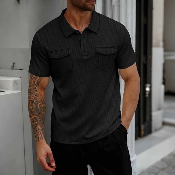 WIZUTIZ Mens Work Henley Shirts 2026 Short Sleeve Casual Slim Fit Button Up Waffle Golf Shirts with Pockets Tennis T Shirts
