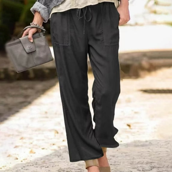 WIZUTIZ Office Pants for Women Lightweight Leisure Baggy Wide Leg Beach Pants Elastic Stretch High Waist Beach Pants Solid Drawstring with Pockets Palazzo Pants Swim Petite/Regular/Tall Black