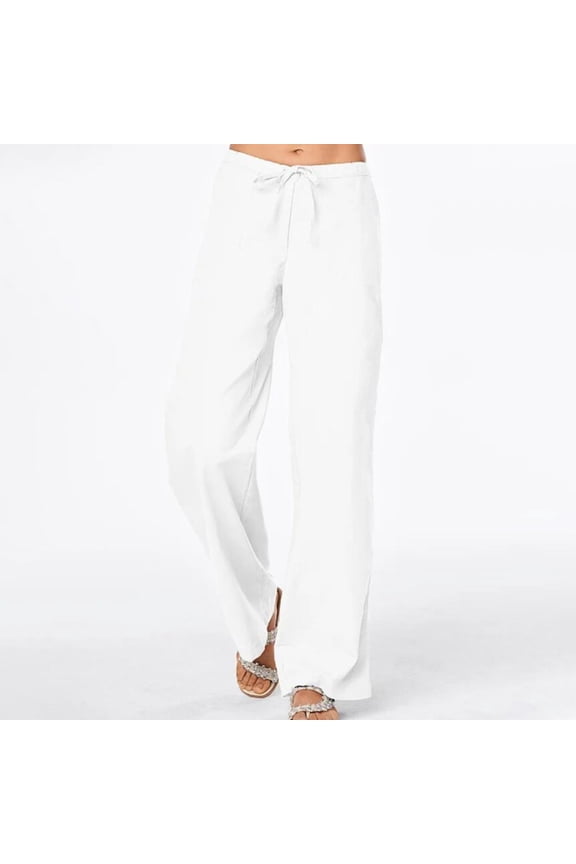 Office Pants for Women Soft Leisure Relaxed Fit Wide Leg Slacks Pants Stretch Elastic High Rise Full Length Summer Pants Solid Drawstring Sweatpants for Teen Girls Dance Beach White