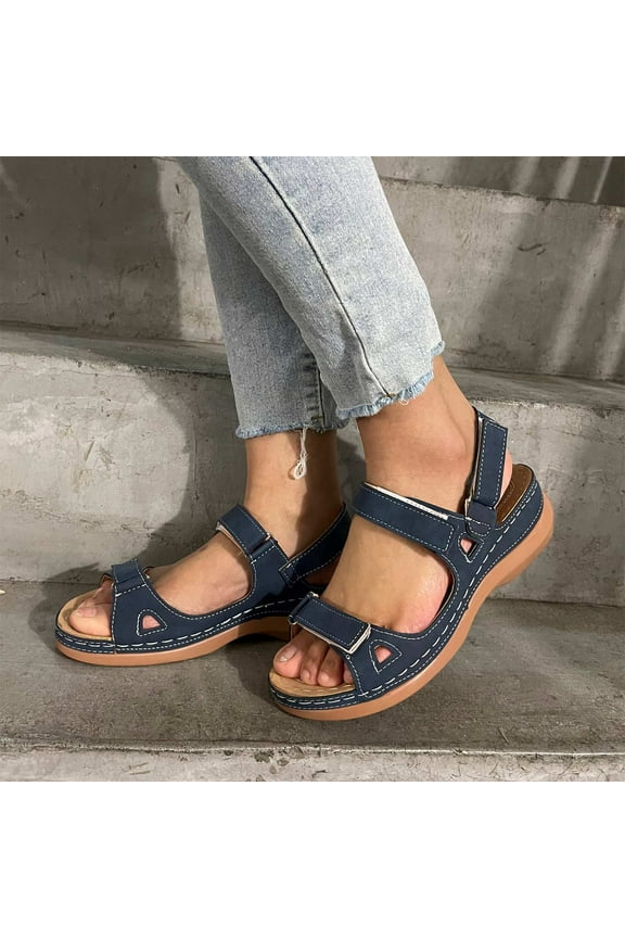 Open Toe Sandals for Women Dress Sandals for Women Athletic Comfortable Stretchy Beach Sandals Hook& Loop Summer Shoes Low Heel (1"-2") Medium Solid Sandals for Ladies Holiday Blue
