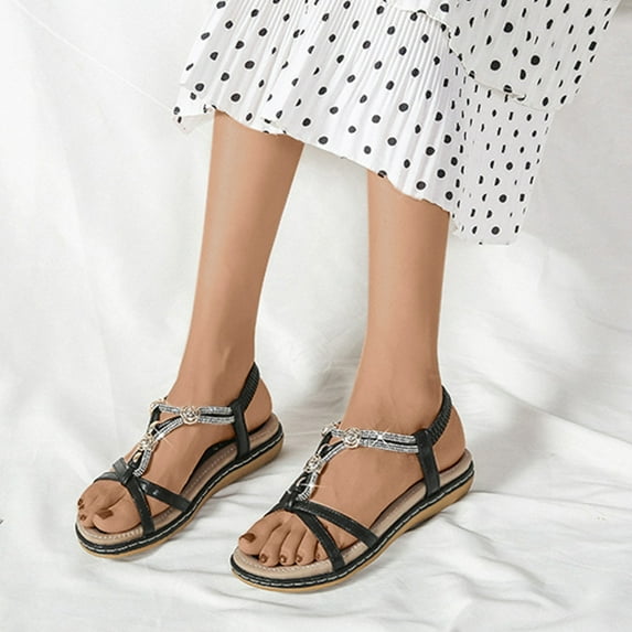 WIZUTIZ Open Toe Sandals for Women Womens Dress Sandals Athletic Comfortable Stretchy Beach Sandals Pull-On Summer Shoes Mid Heel (2"-3") Wide Solid Sandals for Ladies 4th of July Gifts Prime Black