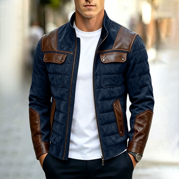 WIZUTIZ Padded Jacket For Men Stand Collar Zip Up Long Sleeve Pockets Quilted Warm Coat Casual Winter Outerwear Black Navy