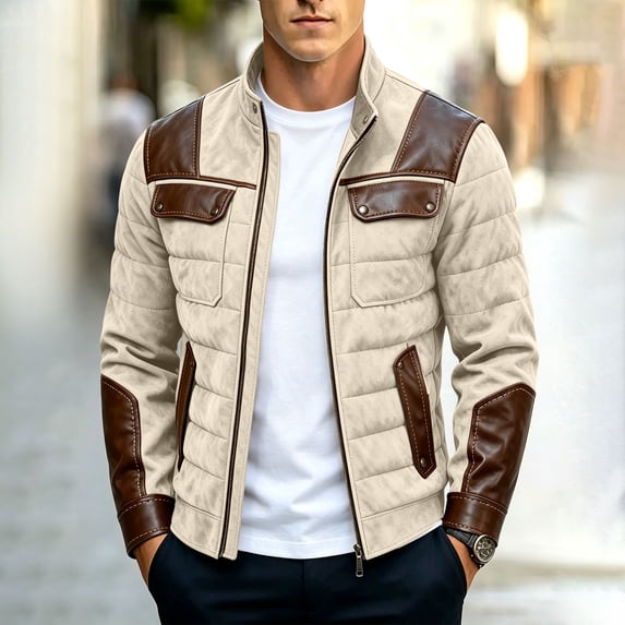 WIZUTIZ Padded Jacket For Men Stand Collar Zip Up Long Sleeve Pockets Quilted Warm Coat Casual Winter Outerwear Black Navy
