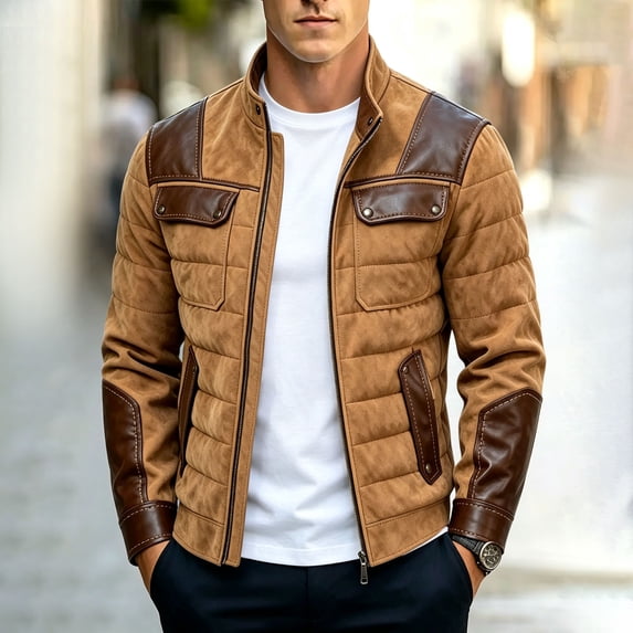 WIZUTIZ Padded Jacket For Men Stand Collar Zip Up Long Sleeve Pockets Quilted Warm Coat Casual Winter Outerwear Black Navy