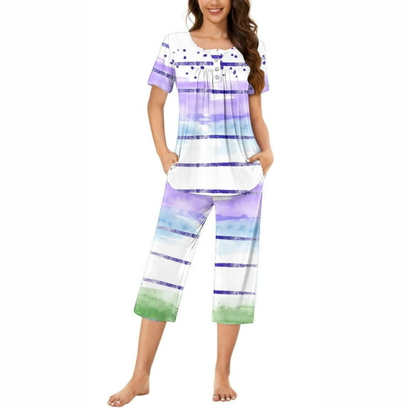 WIZUTIZ Pajamas for Women Short Sets for Women Women's Round Neck Gradient Print Short Sleeve Sleepshirt And Pants Sets Homewear Pajamas With Pockets