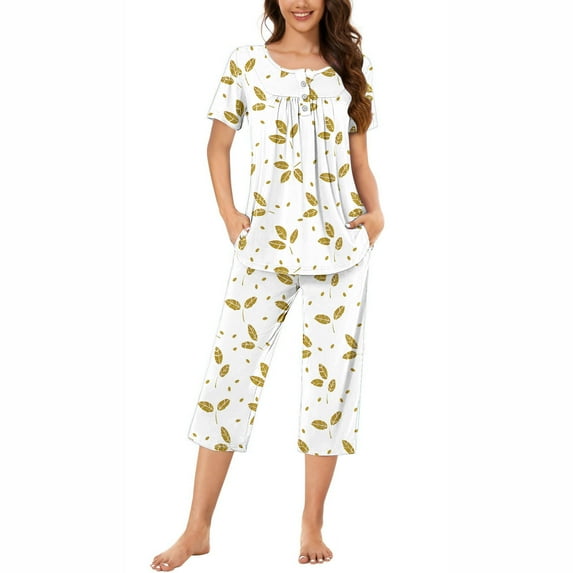 WIZUTIZ Pajamas for Women Short Sets for Women Women's Round Neck Leaf Print Short Sleeve Sleepshirt And Pants Sets Homewear Pajamas With Pockets
