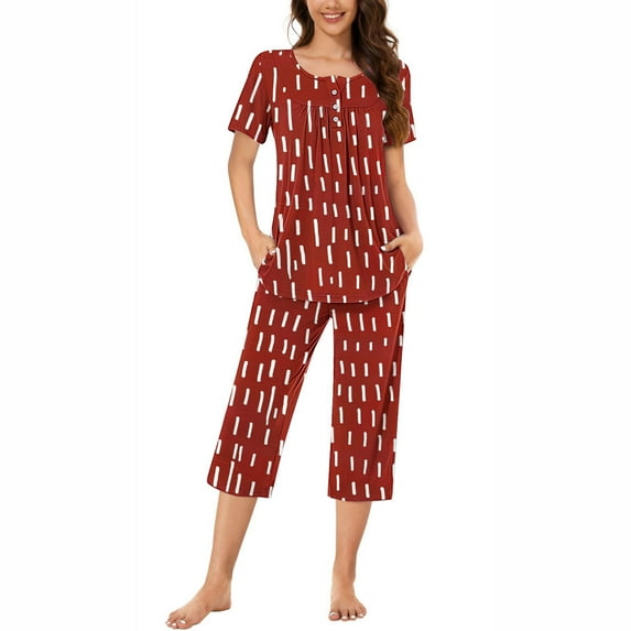 WIZUTIZ Pajamas for Women Women's Pajama Sets Women's Round Neck Stripe Print Short Sleeve Sleepshirt And Pants Sets Homewear Pajamas With Pockets Ta