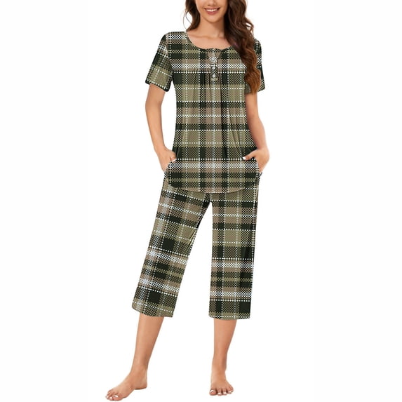 WIZUTIZ Pajamas for Women Pj Set Women's Lattice Print Pajamas Short Sleeve Round Neck T-shirt and Capri Pants Sets Homewear With Pockets