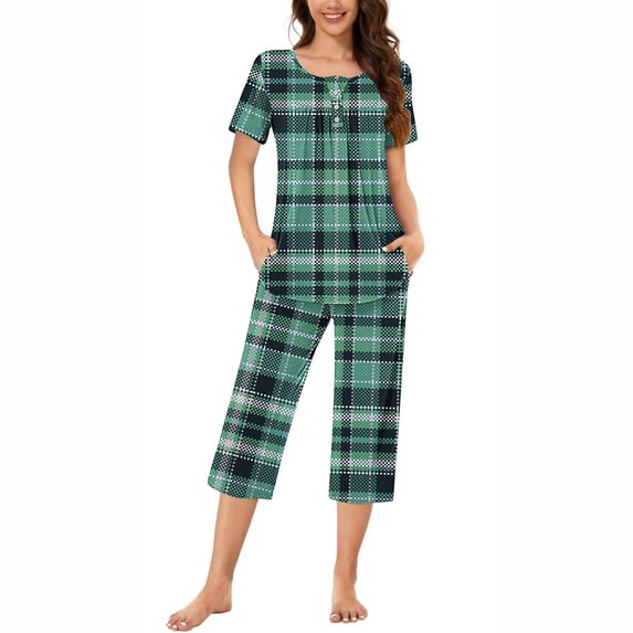 WIZUTIZ Pajamas for Women Pj Set Women's Lattice Print Pajamas Short Sleeve Round Neck T-shirt and Capri Pants Sets Homewear With Pockets My Order