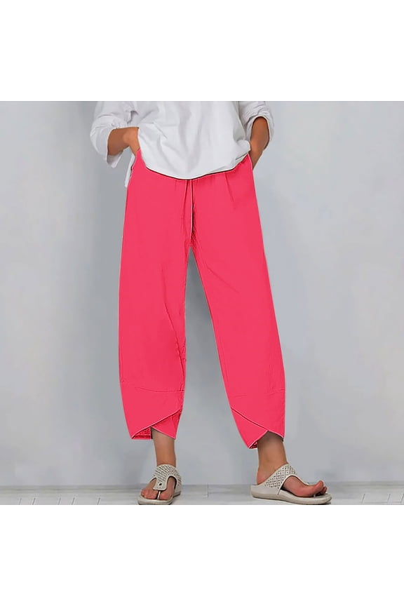 Palazzo Pants for Women Beach Capris Breathable Casual Relaxed Fit Wide Leg Slacks Pants Stretch Elastic Mid Rise Summer Pants Solid Cropped with Pockets Summer Pants Business Beach Red