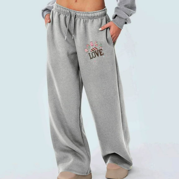 WIZUTIZ Palazzo Pants for Women Casual Long Oversized Casual Relaxed Fit Wide Leg Slacks Pants Stretch Elastic High Waist Slacks Pants Heart Print Drawstring with Pockets Slacks Pants Workout Gray