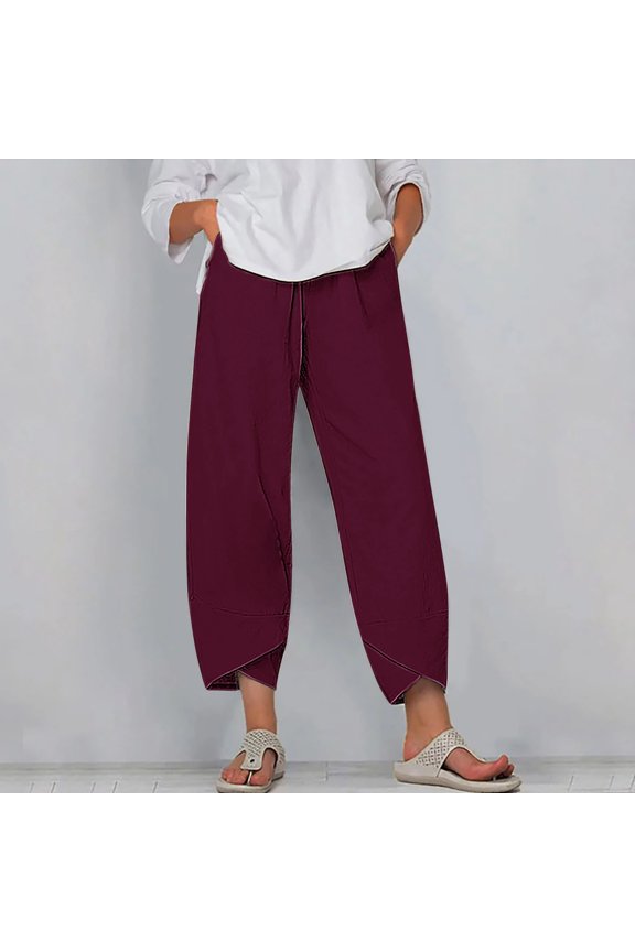 Palazzo Pants for Women Casual Plus Size Relaxed Relaxed Fit Wide Leg Beach Pants Stretch Elastic High Rise Trousers Solid Asymmetrical Cropped Beach Pants Business Travel Red