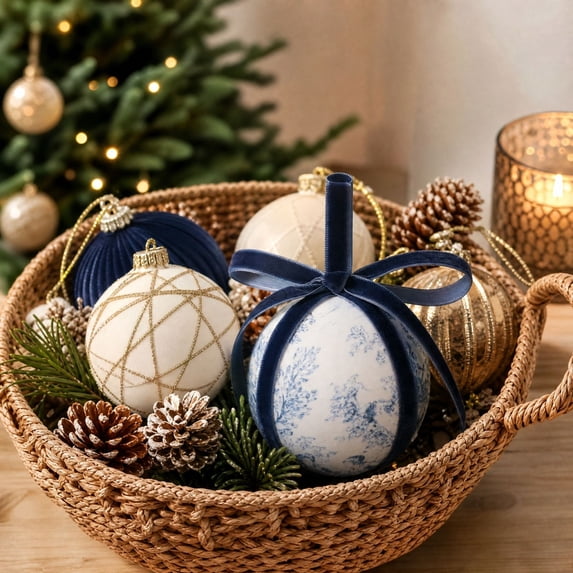 WIZUTIZ Patterned Fabric Christmas Ball Ornament 8cm, Cloth Covered Foam Bauble with Hanging Loop, Festive Tree Tabletop Home Decoration