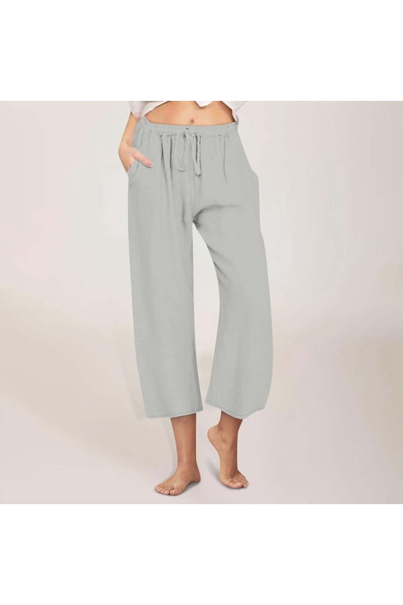 Petite Pants for Women Capris Lightweight Trendy Baggy Wide Leg Cropped pants Stretch Elastic Mid Rise Palazzo Pants Solid Drawstring with Pockets Beach Pants Pull On Travel Gray