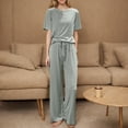 thumbnail image 1 of WIZUTIZ Pj Sets for Women Classic Stylish 2 Piece Pjs Set Short Sleeve Tops&Wide Leg Pants Crew Neck Elastic Stretch Sweatpants Solid Cotton T-shirt Drawstring Trousers Pajama Set, 1 of 4