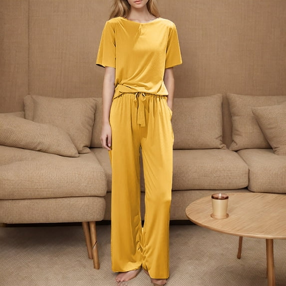 WIZUTIZ Pj Sets for Women Classic Stylish 2 Piece Pjs Set Short Sleeve Tops&Wide Leg Pants Crew Neck Elastic Stretch Sweatpants Solid Cotton T-shirt Drawstring Trousers Pajama Set