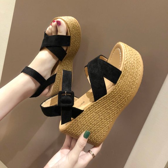 WIZUTIZ Platform Sandals Women Hiking Sandals Women Comfort Running Elastic Beach Sandals Pull-On Round Toe Shoes Flat Heel (O"-1) Wide Solid Sandals for Ladies Daily Deals Black