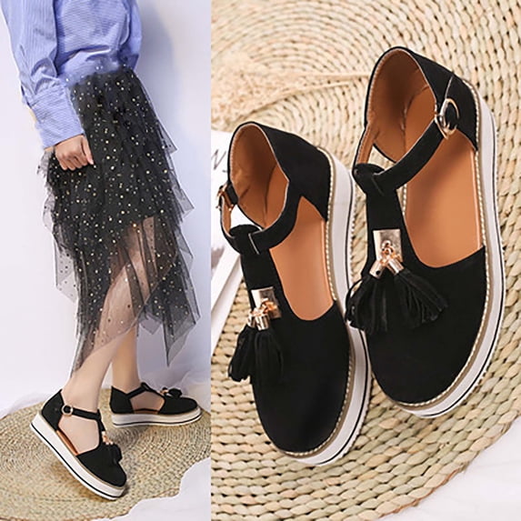 WIZUTIZ Platform Sandals Women Sandals Women Running Comfortable Stretch Tassel Sandals Buckle Round Toe Summer Shoes Flat Heel (O"-1) Medium Solid Sandals for Older Women Holiday Black