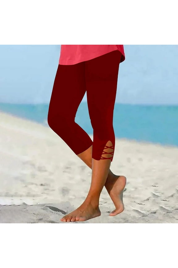 Plus Size Capris for Women Vintage Relaxed Slim Cutout Yoga Cropped Pants Elastic Spandex Mid Rise 3/4 Length Cropped Pants Solid Leggings for Ladies Swim Graduation Red
