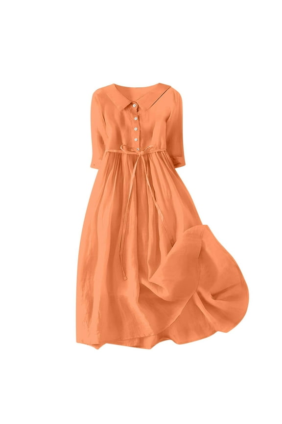 Plus Size Dresses for Curvy Womencocktail Dresses for Women Women Casual Solid Loose Cotton And Linen Pleated Button Lace Up 3/4Sleeve Dress