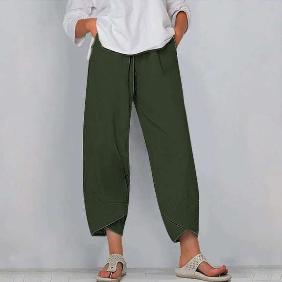 WIZUTIZ Plus Size Pants for Women Breathable Stylish Relaxed Fit Wide Leg Pants Elastic Spandex High Waist Summer Pants Solid Asymmetrical Cropped Palazzo Pants Tiktok Trend Items Beach Green