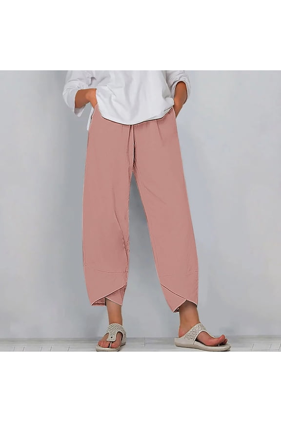 Plus Size Pants for Women Soft Relaxed Baggy Wide Leg Slacks Pants Stretch Elastic High Rise Full Length Sweatpants Solid Asymmetrical Cropped Trousers for Lady Office Petite/Regular/Tall Pink