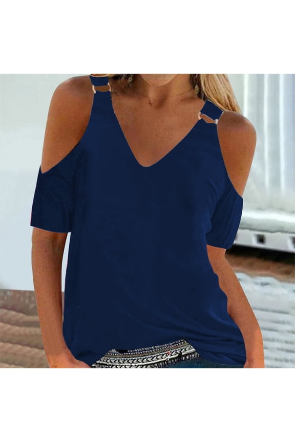 Plus Size Tops for Women up to 65% Off Basic Summer-Beach Fashion Tshirt Solid Plain Short Sleeve T-shirt Loose Fit V-Neck Fluffy Blouse Work Out Trendy Tops Cotton Linen Ladies Tshirts Blue