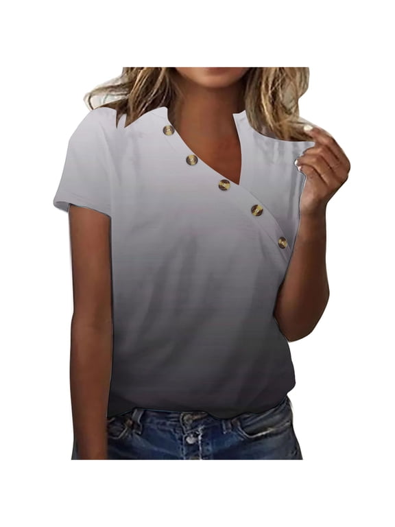 Plus Size Tops for Women up to 65% Off Breathable Fluffy Athletic Tee V-Neck Cozy Style Short Sleeve Tshirt Elegant Solid Linen Tshirts Comfy Holiday Beach T-shirt Casual Ladies Tops Gray