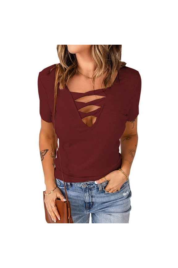 Plus Size Tops for Women Sales Cotton Soft T-shirt Solid Breathable Plus Size Short Sleeve Tshirts Flowy Ladies Blouse Ultra Soft Loose Fit Tee Fashion Vintage V-Neck Tops Red M