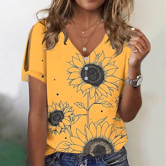 WIZUTIZ Plus Size Tops for Women Sales Plus Size Elegant Summer-Beach Tops Ladies Casual V-Neck Tee Work Out Short Sleeve Athletic T-shirt Basic Cotton Blend Tshirts Trendy Solid Blouse Ye