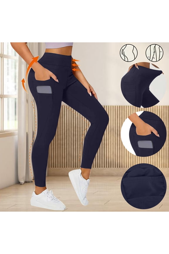 Plus Size Yoga Pants for Women Vintage Casual Skinny with Pockets Yoga Pants Stretch Elastic High Rise Full Length Leggings Solid Pants for Ladies Cycling Club Blue