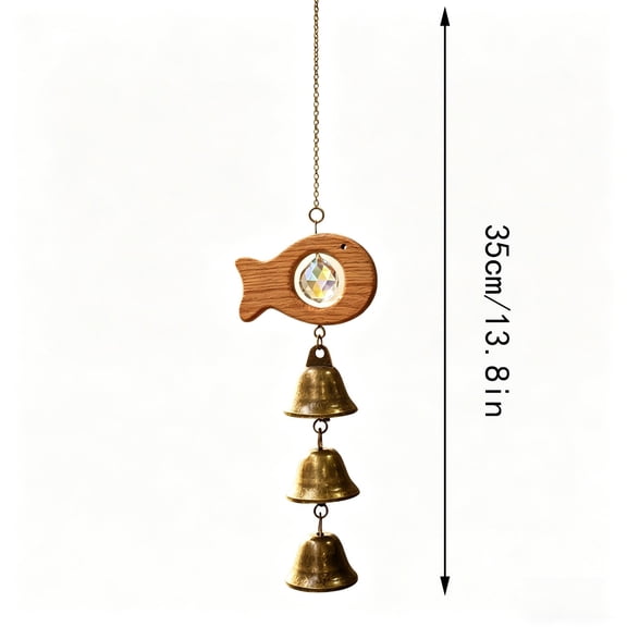 WIZUTIZ Rustic Wood Fish Wind Chimes Farmhouse Crystal Prism & Vintage Bells – Beech Wood Fish Design for Home Patio Gift for Mom Friend