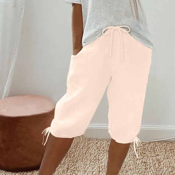 WIZUTIZ Shorts for Women Leisure Wide Leg Active Loose Shorts Mid Rise Solid Trousers Knee-Length with Pockets Jogging Tie Side Shorts for Ladies Stretchy Work Multi-Color Linen