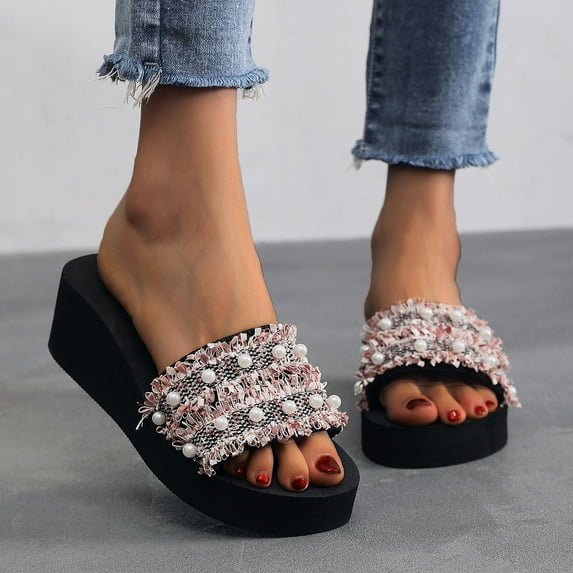 WIZUTIZ Shower Slippers for Women Casual Retro Womens Slide Sandals Summer BOHO Jeweled Shiny Sandals Wedge Sandals Shower Shoes Beach Sandals Indoor Shower Shoes Christmas Gifts