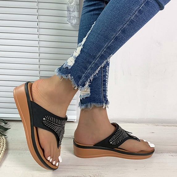 WIZUTIZ Shower Slippers for Women Comfort Retro Womens Slides Summer Rhinestone Sparkly Slippers Wedge Sandals Platform Heels Slides BOHO Knitted Beach Sandals Outdoor Slide Sandals