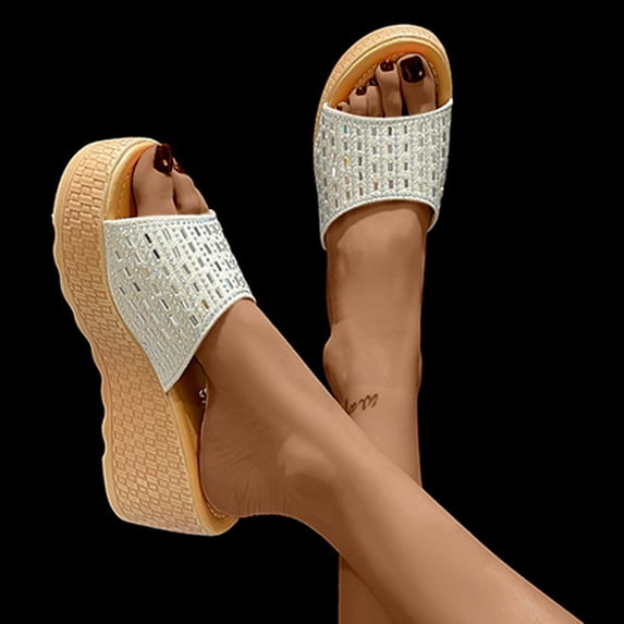WIZUTIZ Shower Slippers for Women Soft Retro Womens Sandals Summer Rhinestone Sparkly Shower Shoes Wedge Sandals Platform Heels Slide Sandals BOHO Knitted Beach Slides Outdoor Sandals Birthday Gifts