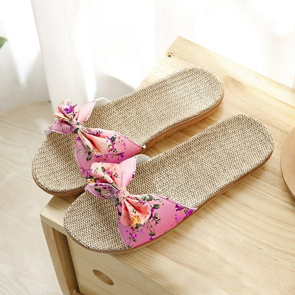 WIZUTIZ Shower Slippers for Women Soft Women's Slide Sandals Summer Bow Tie Slides Slide Sandals Knitted BOHO Beach Slides Outdoor Non-Slip Slide Sandals Mother's Day Gifts