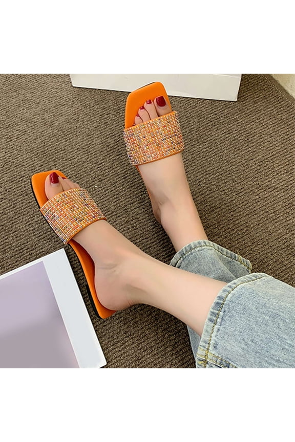 Shower Slippers for Women Vintage Casual Lightweight Womens Slide Sandals Summer BOHO Jeweled Shiny Slide Sandals Square Toe Slide Sandals Beach Shower Shoes Outdoor Slippers Gifts