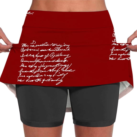 WIZUTIZ Skorts for Women Dressy Casual Joggers Classic Trendy Fitted Flowy Skorts Ruched Spandex Elastic High Waist A Line Dress Built-In Shorts Skirt Letter Print Mini Skirt for Ladies Travel Red
