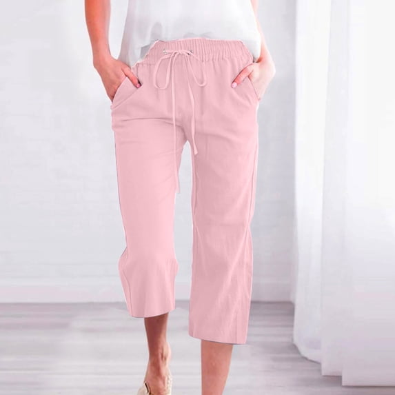 WIZUTIZ Slacks for Women Capri Pants Comfy Trendy Relaxed Fit Wide Leg Pants Spandex Elastic Mid Rise Trousers Solid Drawstring with Pockets Cropped pants for Teen Girls Workout Swimming Pool Pink
