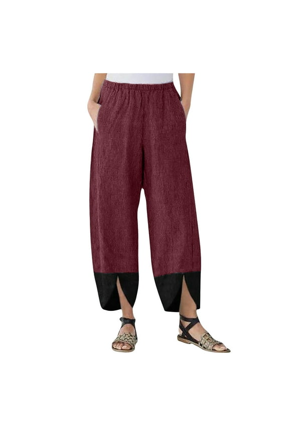 Slacks for Women Dressy Casual Plus Size Leisure Loose Wide Leg Dress Pants Stretch Elastic High Waist Slacks Pants Color Block Slit with Pockets Dress Pants Sports Clubs Red