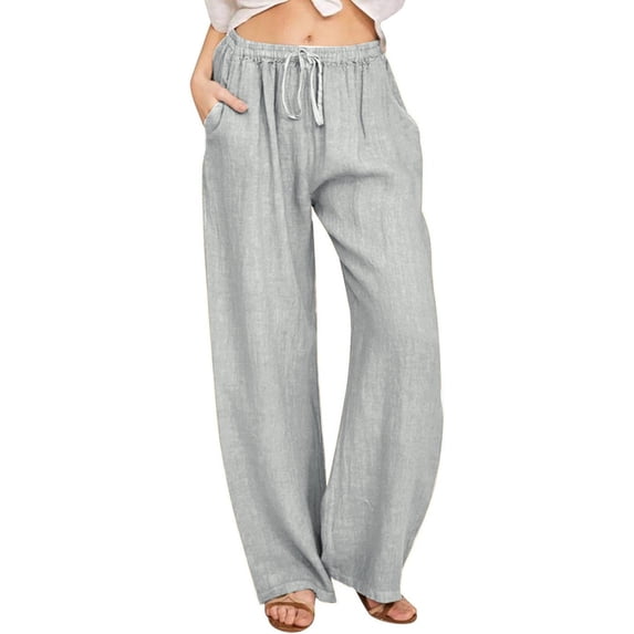 WIZUTIZ Slacks for Women Oversized Leisure Loose Wide Leg Trousers Elastic Stretch High Rise Full Length Summer Pants Solid Drawstring with Pockets Trousers for Teen Girls Swim Shopping Gray