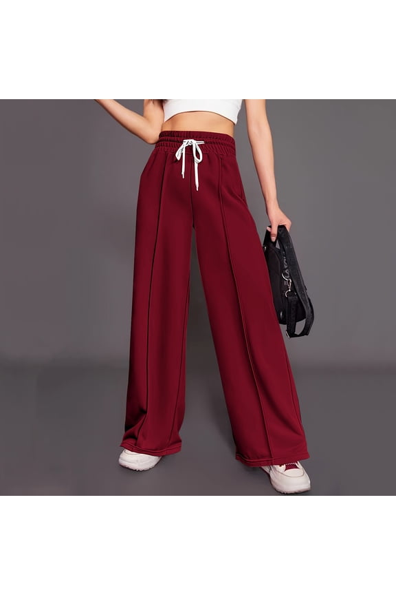 Slacks for Women Thin Trendy Loose Wide Leg Slacks Pants Elastic Stretch High Waist Full Length Palazzo Pants Solid Drawstring with Pockets Pants for Lady Hiking Anniversary Red