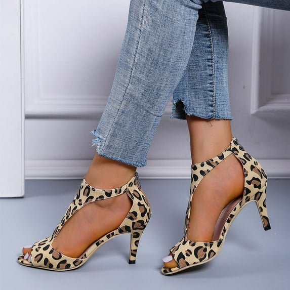 WIZUTIZ Stiletto Sandals for Women Sandals for Women 2025 Prom Comfortable Elastic Beach Sandals Pull-On Shoes Mid Heel (2"-3") Medium Leopard Animal Print Sandals for Lady Beach Brown